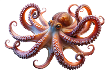 Octopus with curled tentacles isolated on a transparent background