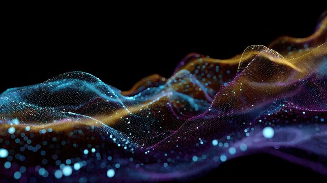 colorful abstract digital wave with glowing dots and lines on a dark background