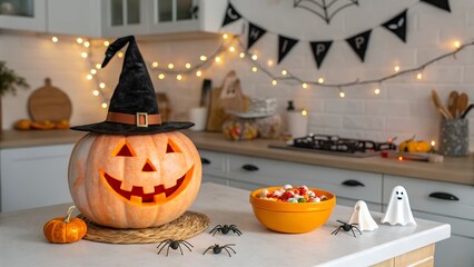 Halloween Kitchen Decor with Jack O Lantern and Candy