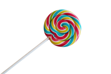 A colorful swirled lollipop on a stick against a transparent background, sweet candy treat. background removed