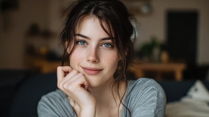 portrait of satisfied young woman relaxing at home successful woman with hand on chin smiling and looking at camera beautiful natural girl stay at home with a serene expression no logos no brands ar 