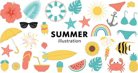 Bright summer vector illustration with tropical flowers, beach items, fruits, fireworks, swimwear, sun, crab, and playful seasonal design elements