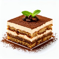 Delightful layered tiramisu dessert adorned with coffee beans on white background