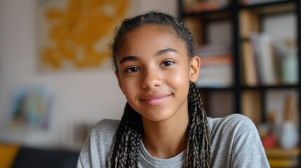 teenage mixed race girl high school student distance e learning group online class at home looking at camera video conference call remote class course virtual digital education headshot portrait no l