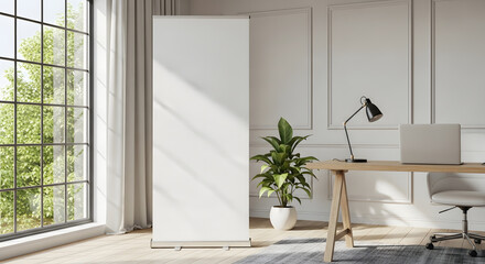 Modern office space with a tall blank banner and large window