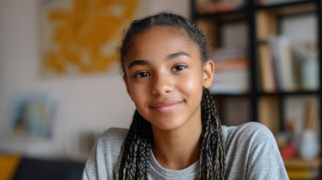 teenage mixed race girl high school student distance e learning group online class at home looking at camera video conference call remote class course virtual digital education headshot portrait no l