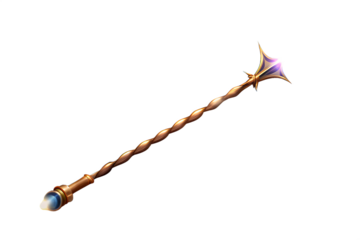 Ornate magical staff with gemstone isolated on a transparent background