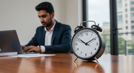 Businessman working on laptop with alarm clock on desk, symbolizing time management