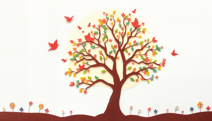 Fototapeta premium Paper cut tree with colorful leaves, flowers, and red birds.