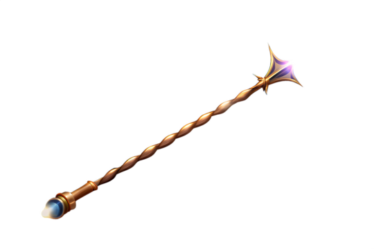 Ornate magical staff with gemstone isolated on a transparent background