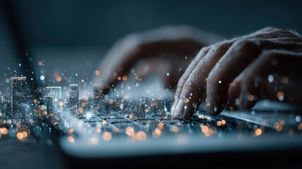 Hands typing on laptop keyboard with overlay of city lights at night illustrating connectivity and global communication