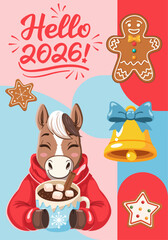 Hello 2026 New Year Greeting Card Horse Hot Chocolate