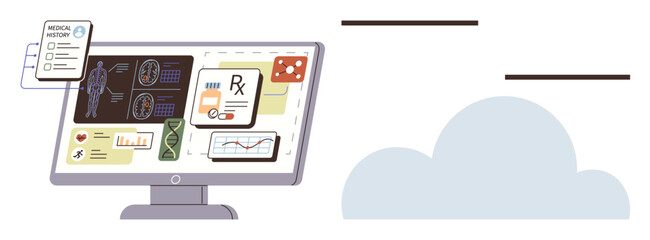 Fototapeta na wymiar Computer monitor shows health diagnostics, medical reports, prescriptions, and data charts alongside a cloud icon. Ideal for telemedicine, data analysis, eHealth, diagnostics, cloud storage remote