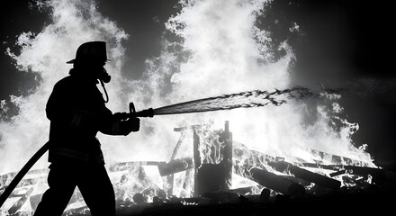 Firefighter in silhouette battling a large intense blaze with a hose