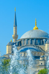 Majestic domes and the minaret of the Blue Mosque or Sultanahmet, Turkey, Istanbul.Architecture of the Islamic religion.