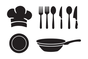 Culinary icons chef hat utensils plate and frying pan