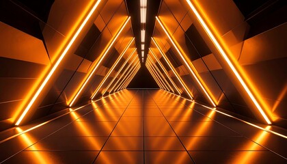 Illuminated triangle tunnel with glowing orange lights and dark metallic walls converging to a vanishing point