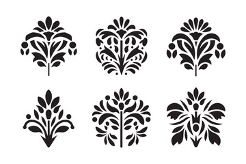 Six black floral damask ornate decorative elements