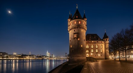 Obraz premium Enchanting nightscape of Frankfurt's Eschenheimer Tower and skyline along the Main river bank