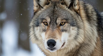 Fototapeta premium Close-up of wolf face with thick fur in snowy forest.