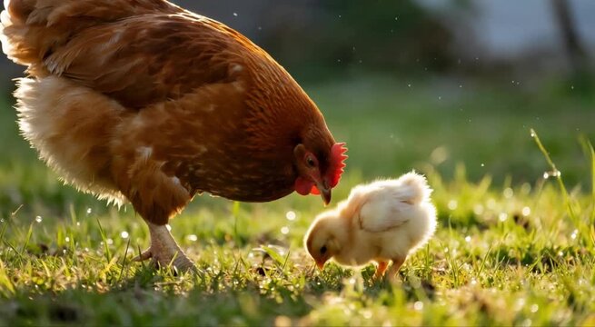  Primer plano de una gallina caminando por una pradera de pasto verde con su pequeño pollito