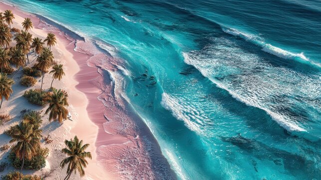 Overhead aerial view of pink sand beach with turquoise ocean waves crashing in Eleuthera, Bahamas in the warm Caribbean sunlight