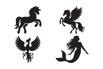Mythical creatures silhouettes featuring pegasus phoenix mermaid horse