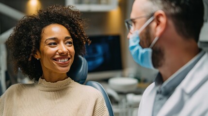 smiling dentist communicating with african american woman while checking her teeth during dental procedure at dentists office no logos no brands ar 169