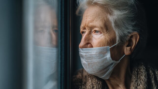 lonely old woman wearing surgical mask and looking through the window during lockdown senior sad woman with face protective mask stay at home depressed lady at home during the covid19 pandemic no log
