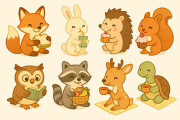 Playful forest animals picnic icon set, stylized vector illustration
