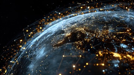 digital globe with illuminated nodes and connecting lines surrounded by glowing data screens showcasing global network connectivity and data visualization