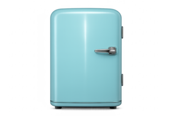 Light blue retro refrigerator with chrome handle on transparent background