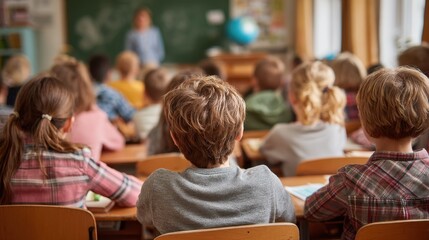 education elementary school learning and people concept  group of school kids sitting and listening to teacher in classroom from back no logos no brands ar 169