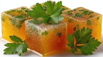 Delicious meat gelatin cubes with Parsley garnish on White background, representing aspic for a healthy balanced diet