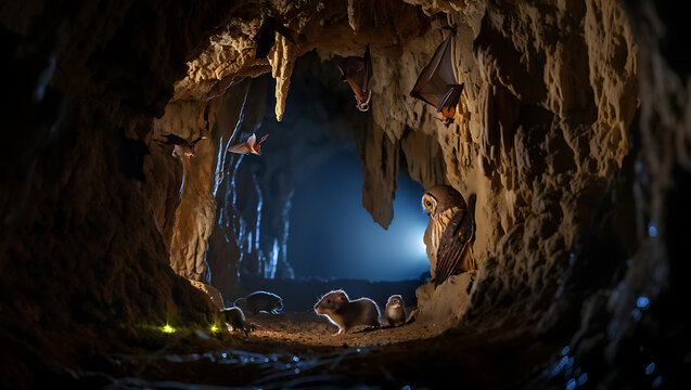 A mystical cave scene unfolds with bats flying overhead, an owl perched watchfully, and small mammals scurrying on the cave floor