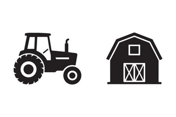 Simple silhouette of a tractor and barn