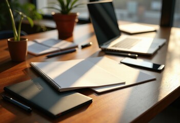 Sophisticated Business Planning Materials on Elegantly Polished Wood Table with Notebooks, Laptops, and Office Supplies