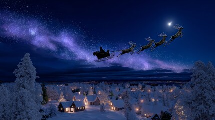 Santa's sleigh and reindeer flying over snowy village at night under starry sky