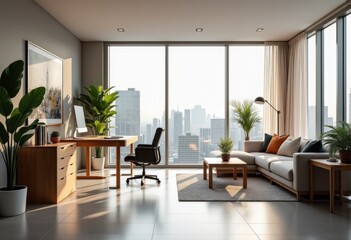 Fototapeta premium Stylish Modern Workspace Professional Office Decor Sleek Design Ergonomic Furniture Organized Space Creativity Efficiency