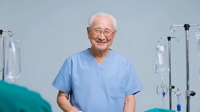 手術後、安堵から涙を流す高齢の男性外科医