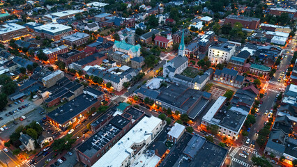 Downtown Fredericksburg, VA Aerial at Dusk.