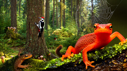 Obraz premium A vibrant red salamander perches on mossy bark in a sundappled forest, while a woodpecker clings to a nearby tree and a spiderweb glistens