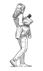 One young slim modern city girl with smartphone, long hair, side view, walking outdoors, realistic sketch, vector hand drawing