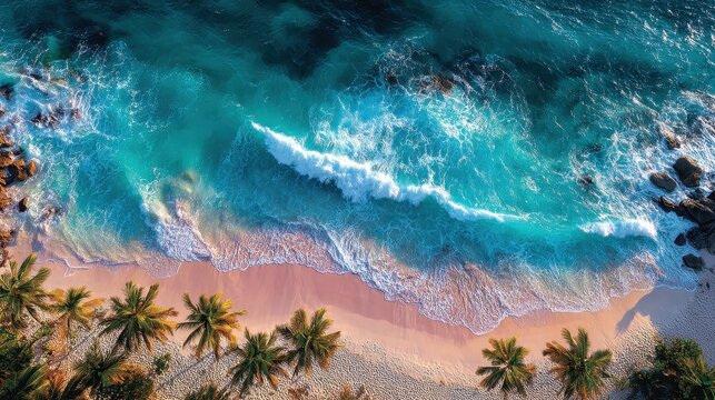 Overhead aerial view of pink sand beach with turquoise ocean waves crashing in Eleuthera, Bahamas in the warm Caribbean sunlight - Powered by Adobe