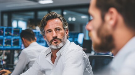 business trader team doing stock market analysis inside hedge fund office focus on senior man face no logos no brands ar 169