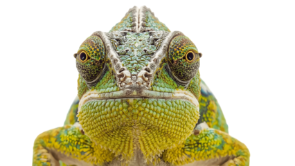 Chameleon Stare: A vibrant chameleon fixates the viewer with an intense gaze. Capturing the captivating beauty of the reptile's unique scales and striking eyes.