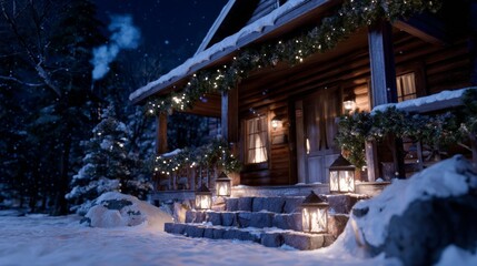Fototapeta premium Cozy snow-covered cabin with lanterns and festive decorations at night