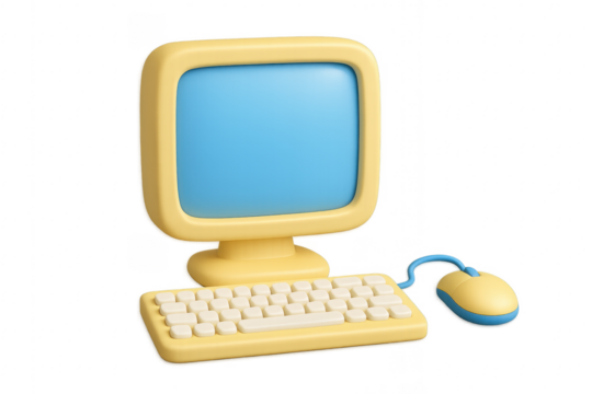 3d rendering retro computer with keyboard and mouse on transparent background