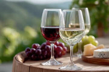 Naklejka premium winery photography, elegant display of family-produced wines with proper glass service, natural lighting, local cheese, and rustic atmosphere