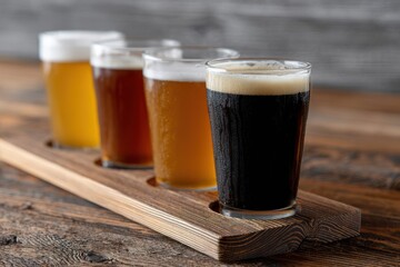 craft beer photography, artful display of craft beer flight from local microbrewery featuring four distinct styles in branded tasting glasses, with proper head formation and authentic color